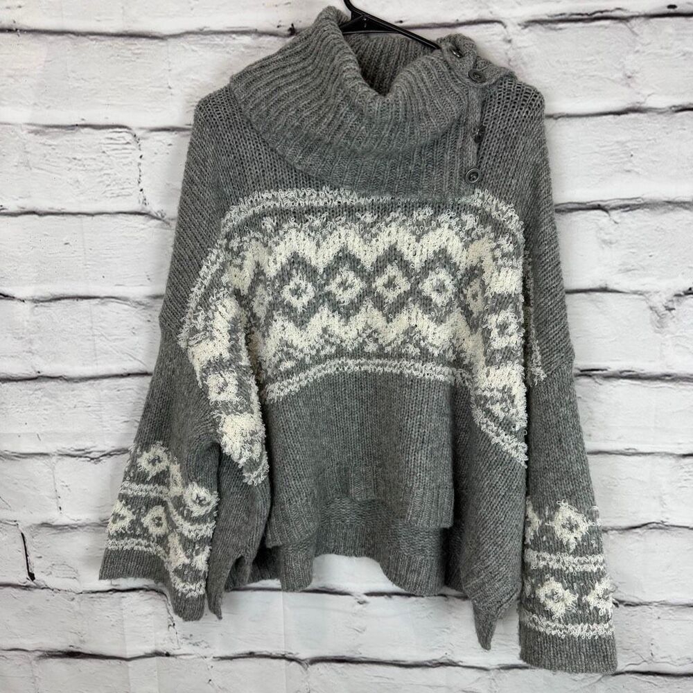 Free People Wool Blend Boho Sweater Medium Gray Fair Isle Cowl Neck Chunky Knit‎ - Picture 2 of 8